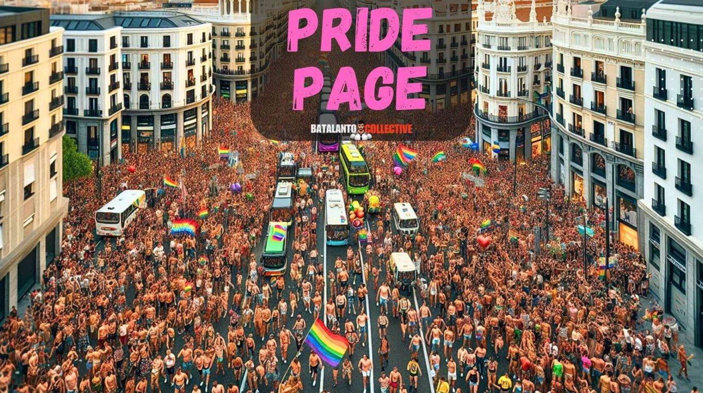 Busy street filled with a massive crowd and rainbow flags during a Pride event, offering a macro overview of Madrid Pride.