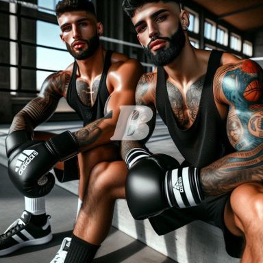 Two muscular tattoos kickboxers with middle eastern features sitting in the gym