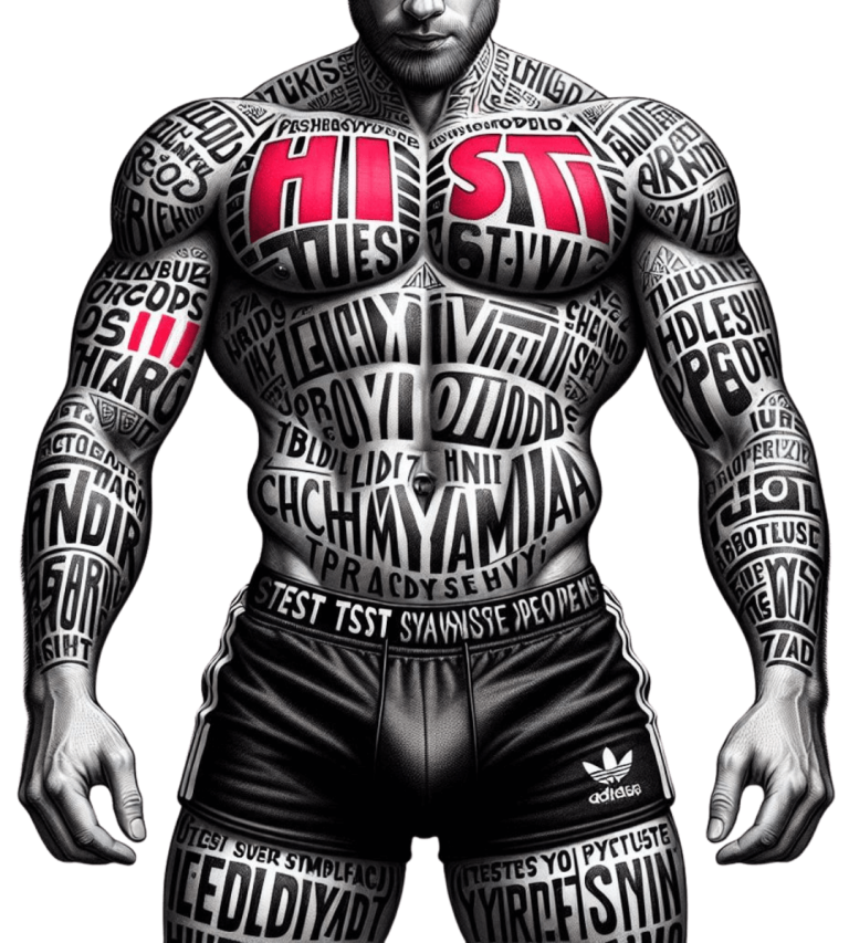 Muscular man with tattoos featuring the names of STIs, symbolizing gay support and fighting stigma, on the sexual health page for LGBTQ+ 