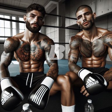 Two muscled guys posing in kickboxing gear