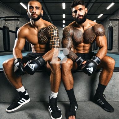 Two muscular tattood kickboxers, sitting in the gym,  one with lighter complexion, one with darker complexion