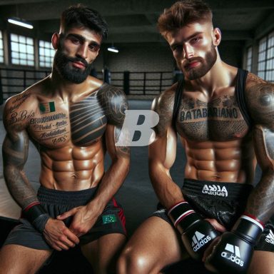 Two kickboxers posing in the gym, One with gloves, and one without gloves