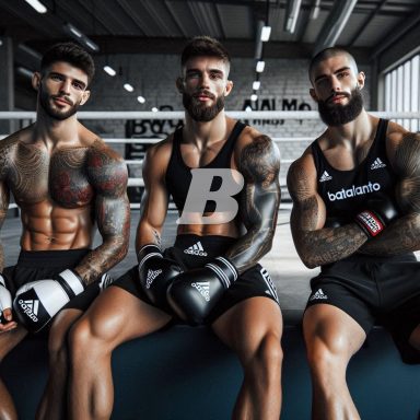 Three kickboxers with beards, sitting in kickboxing gear looking focussed