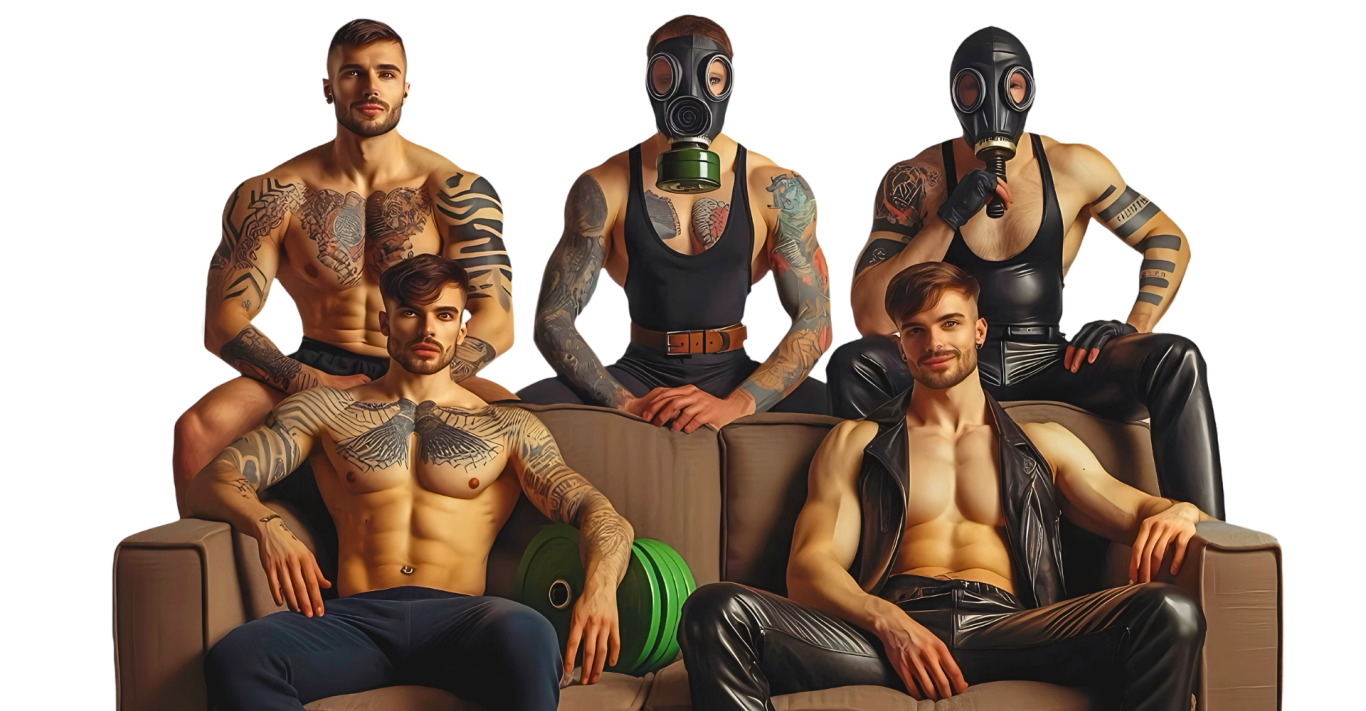 Group of five friends wearing leather and rubber fetish gear, all tattood, featured on the LGBTQ+ guides to exploring fetish culture page