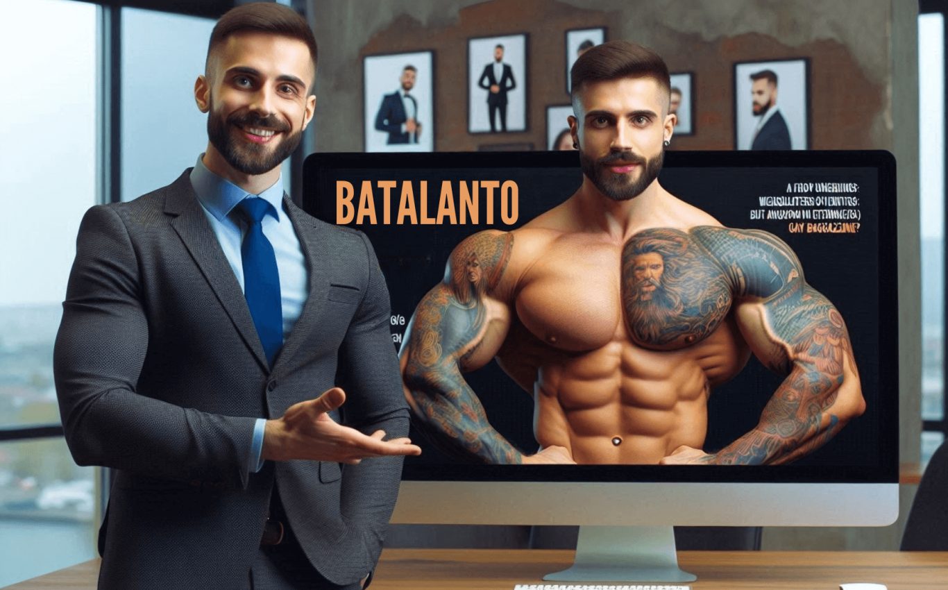 Two muscular men with tattoos, sitting on a couch in the berghain gay techno club in berlin, both looking fit and tattooed with the batalant