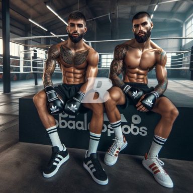 Two muscled guys posing in kickboxing gear